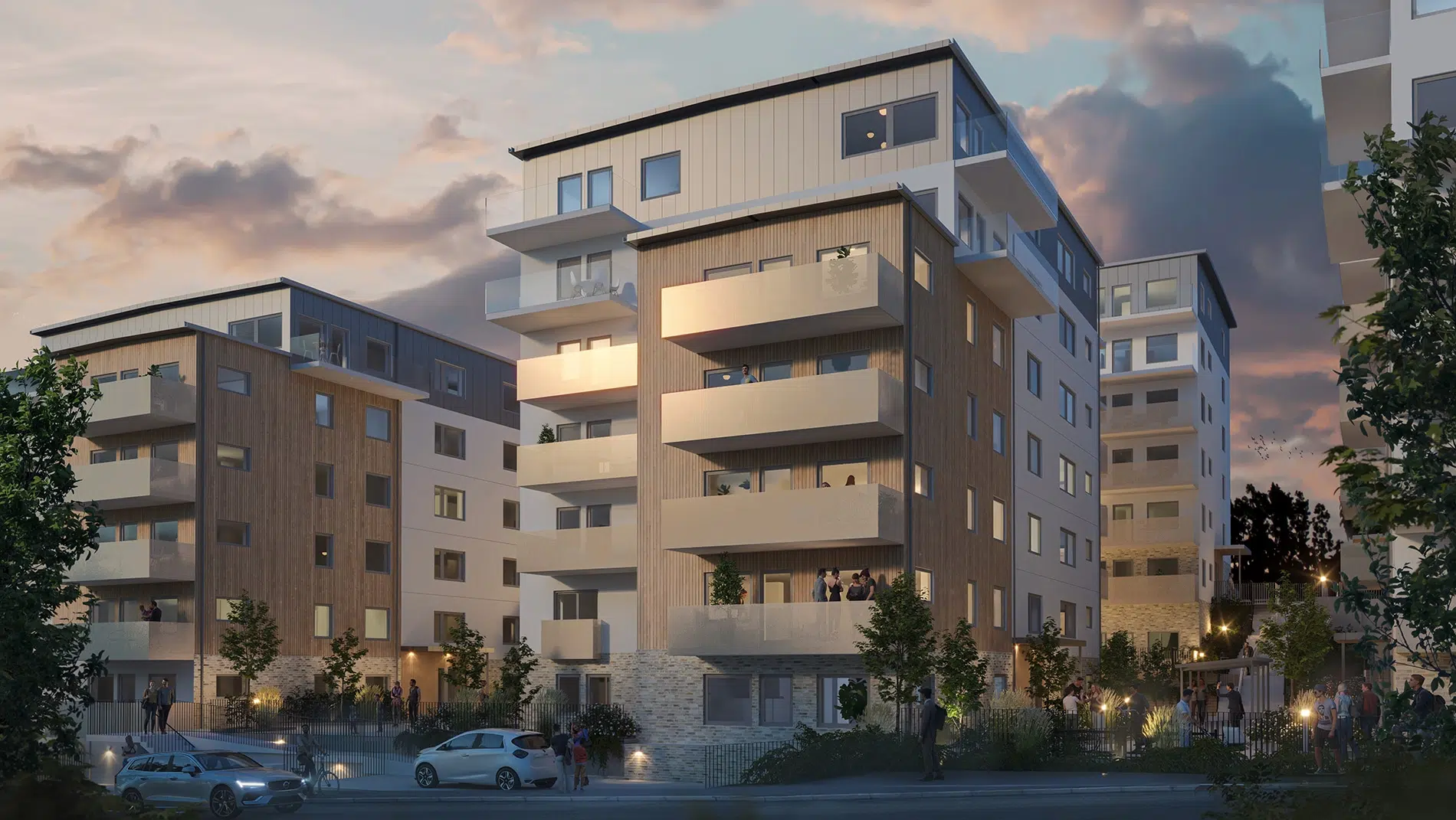 Nybyggda lägenheter på Bergdalsterrassen i Borås i kvällsljus